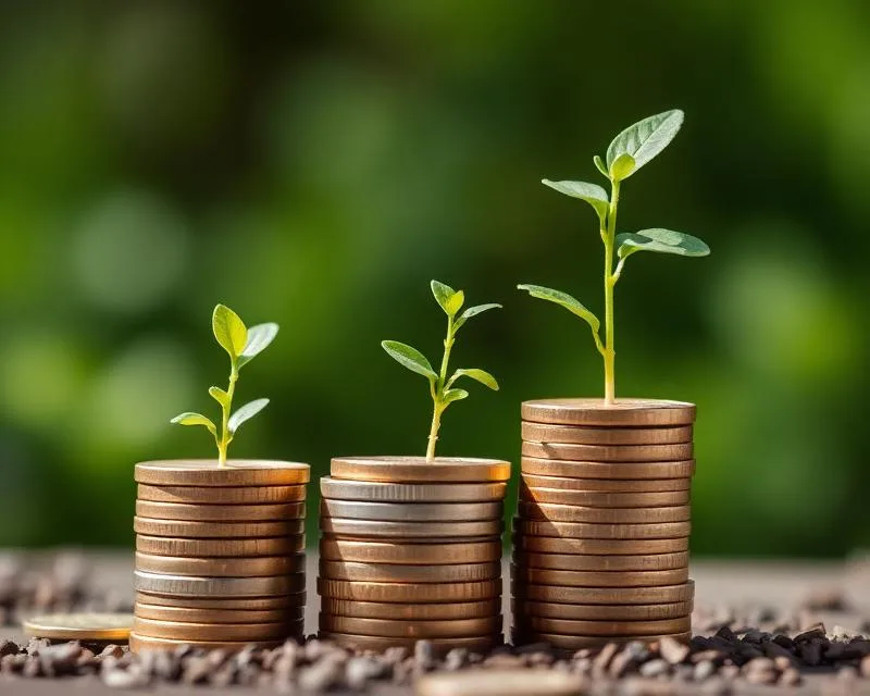Growing stacks of rupee coins with plant sprouts showing yearly interest growth