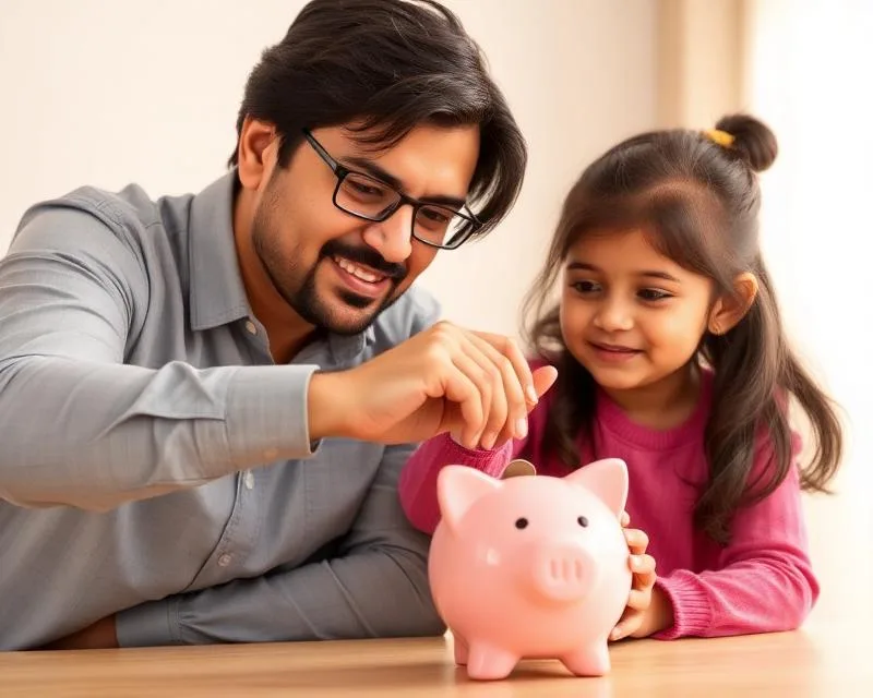 Indian parent and child saving coins in a piggy bank for monthly child savings plan